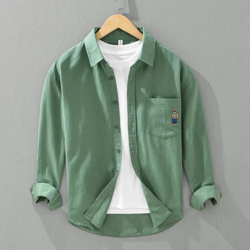 Men's Bear Embroidery Long Sleeve Shirt - Cotton Turn-down Collar Loose Fit