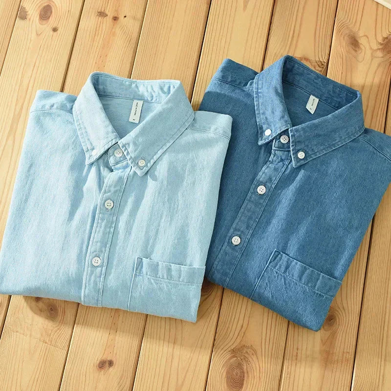 Men's Autumn Long Sleeve Patchwork Shirt - Cotton Turn-down Collar Blue Shirt