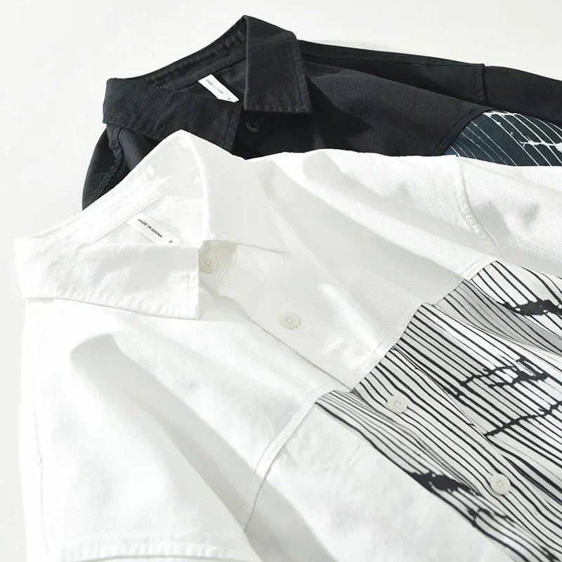 Men's Striped Patchwork Long Sleeve Shirt - Loose Casual Shirt