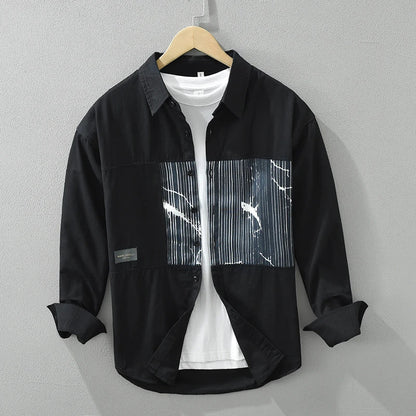 Men's Striped Patchwork Long Sleeve Shirt - Loose Casual Shirt