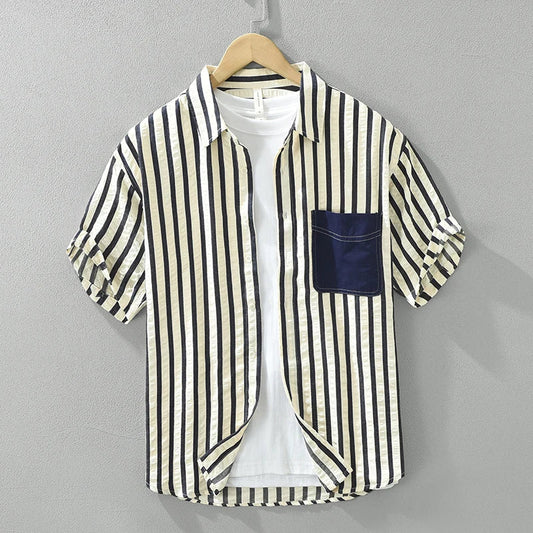 Men's Striped Short Sleeve Shirt - Cotton Casual Summer Shirt