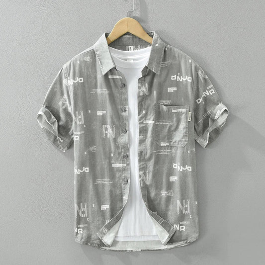 Men's Letter Print Short Sleeve Shirt - Cotton Casual Loose Fit