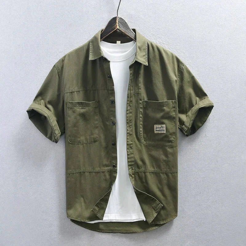 Men's Casual Safari Style Short Sleeve Shirt - 100% Cotton Turn-down Collar