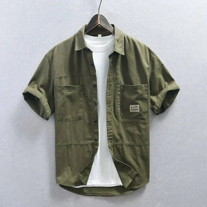 Men's Casual Safari Style Short Sleeve Shirt - 100% Cotton Turn-down Collar