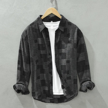 Men's Vintage Patch Shirt - Pure Cotton Long Sleeve Turn-down Collar
