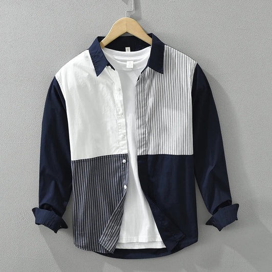 Men's Fashion Patchwork Long Sleeve Shirt - Loose Cotton Casual Shirt