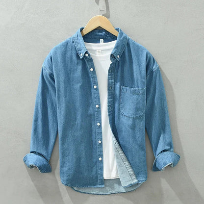 Men's Autumn Long Sleeve Patchwork Shirt - Cotton Turn-down Collar Blue Shirt