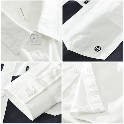 Men's Casual Patchwork Long Sleeve Shirt - Cotton Turn-down Collar Vintage Shirt