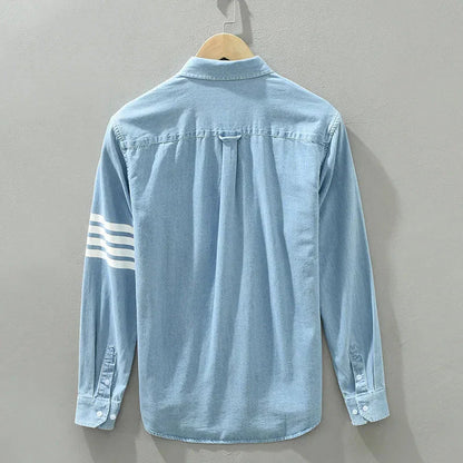Men's Long Sleeve Denim Shirt - Pure Cotton Casual Stripes Button-Up