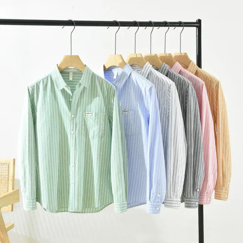 Men's Green Striped Cotton Long Sleeve Shirt - Loose Fit Oxford Shirt