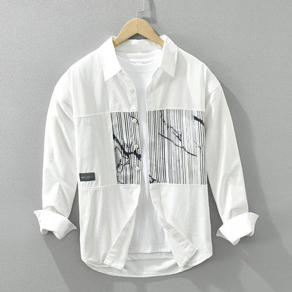 Men's Striped Patchwork Long Sleeve Shirt - Loose Casual Shirt
