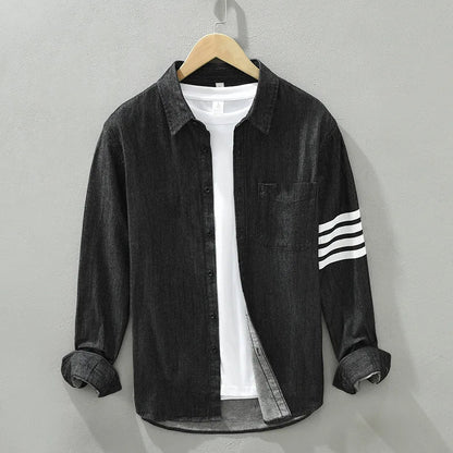 Men's Long Sleeve Denim Shirt - Pure Cotton Casual Stripes Button-Up