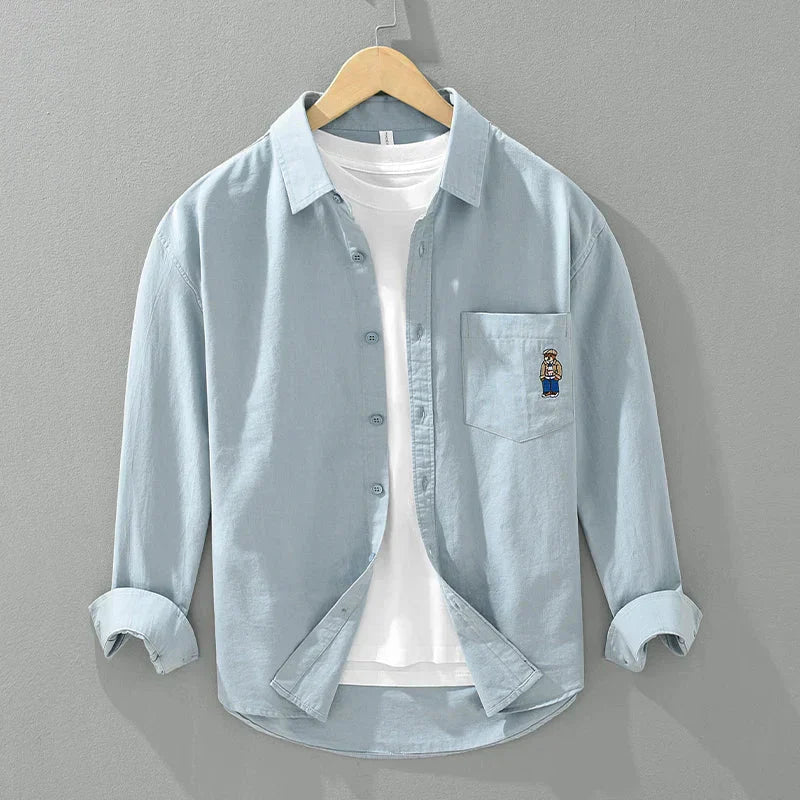 Men's Bear Embroidery Long Sleeve Shirt - Cotton Turn-down Collar Loose Fit