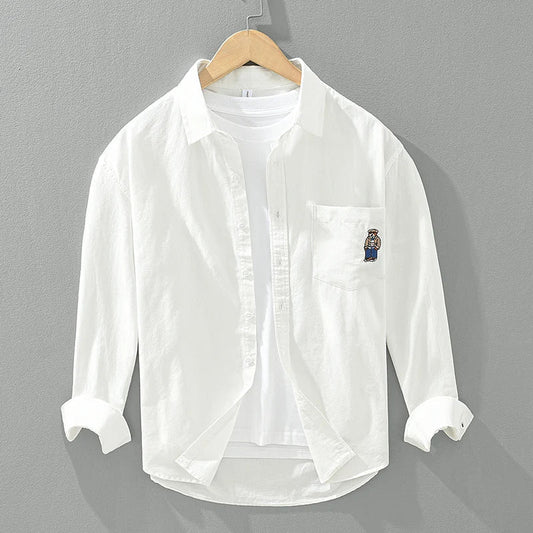 Men's Bear Embroidery Long Sleeve Shirt - Cotton Turn-down Collar Loose Fit