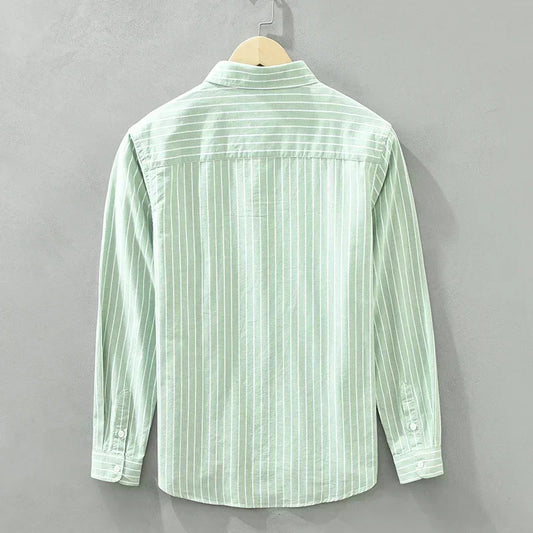 Men's Green Striped Cotton Long Sleeve Shirt - Loose Fit Oxford Shirt