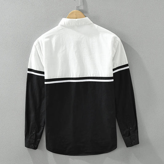 Men's Black White Patchwork Long Sleeve Shirt - Loose All-match Classic Shirt