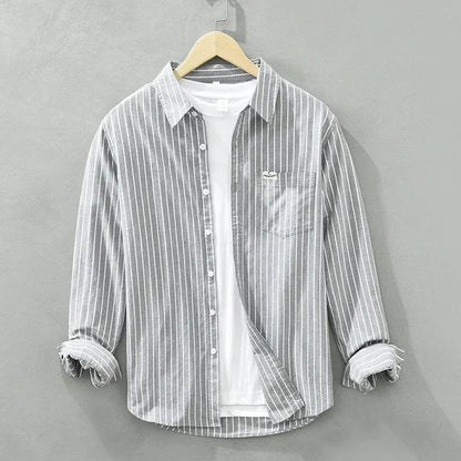 Men's Green Striped Cotton Long Sleeve Shirt - Loose Fit Oxford Shirt