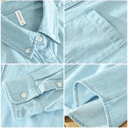 Men's Autumn Long Sleeve Patchwork Shirt - Cotton Turn-down Collar Blue Shirt