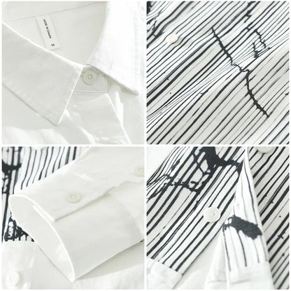 Men's Striped Patchwork Long Sleeve Shirt - Loose Casual Shirt